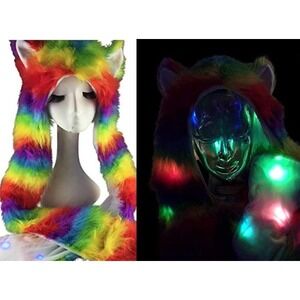 Rainbow LED Light Up Faux Fur Spirit Hood w/ Ears Rave Festival Animal Hat Paws